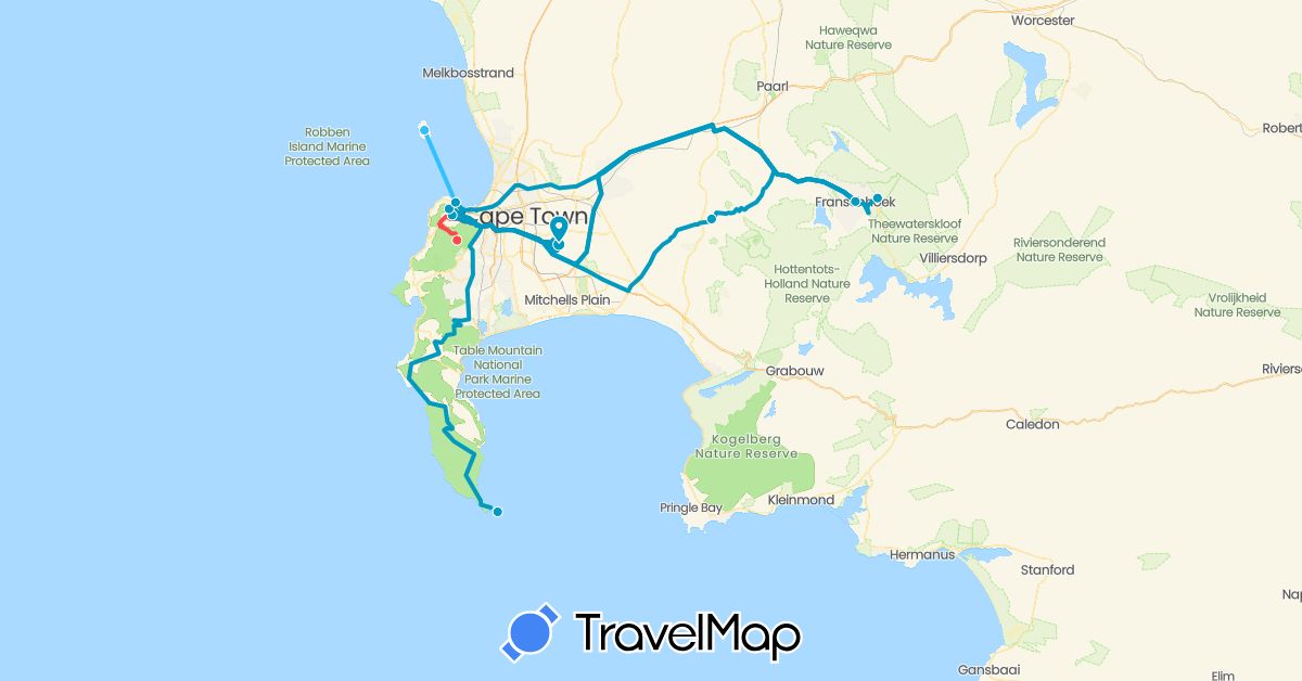 TravelMap itinerary: driving, hiking, boat, private vehicle and driver/guide in South Africa (Africa)