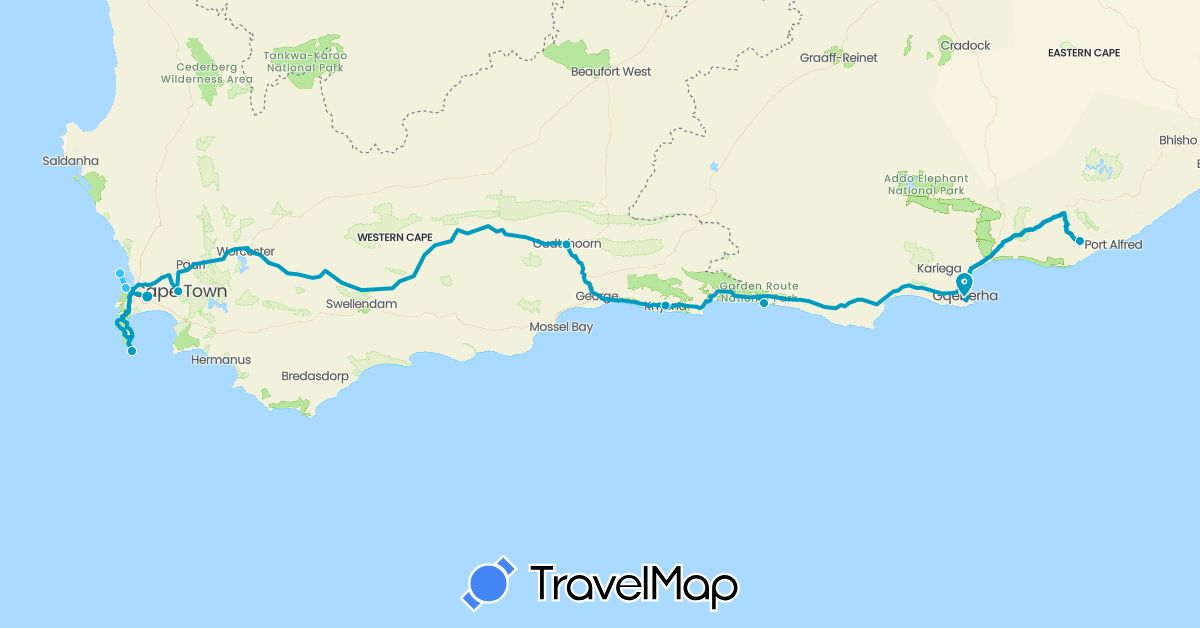 TravelMap itinerary: driving, boat, private vehicle and driver/guide in South Africa (Africa)