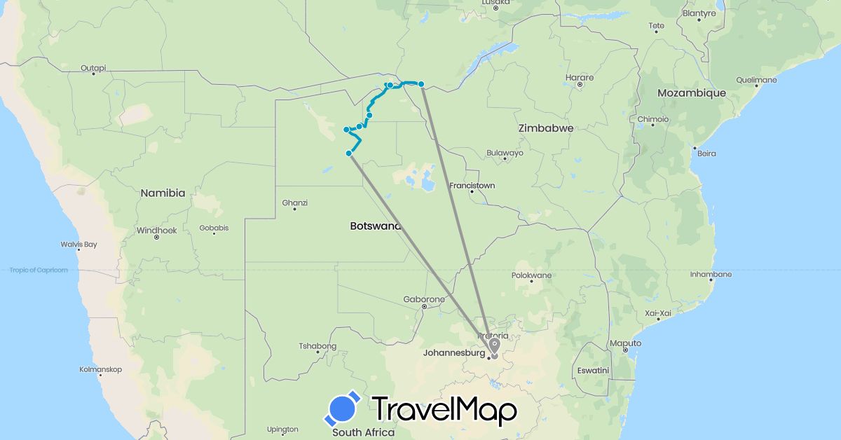 TravelMap itinerary: driving, plane, private vehicle and driver/guide in Botswana, Namibia, South Africa, Zambia (Africa)