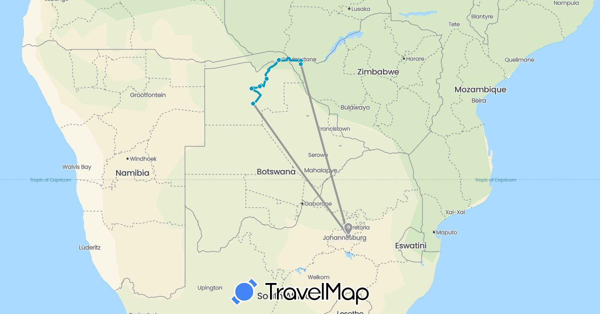 TravelMap itinerary: driving, plane, private vehicle and driver/guide in Botswana, Namibia, South Africa, Zimbabwe (Africa)