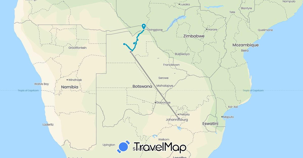 TravelMap itinerary: driving, plane, private vehicle and driver/guide in Botswana, South Africa (Africa)